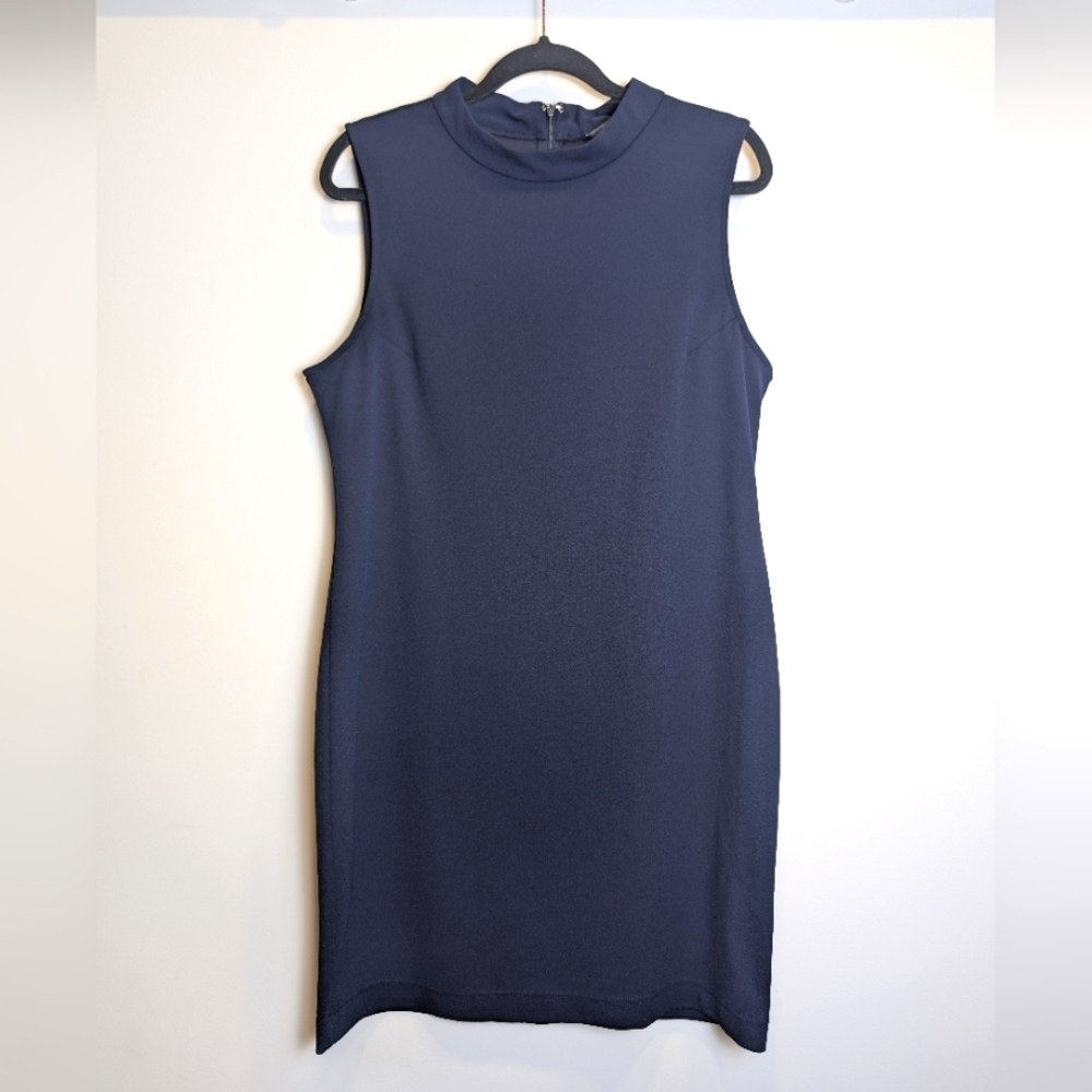 Navy Blue Sleeveless Mock Neck Careerwear Shift Dress Size 14
